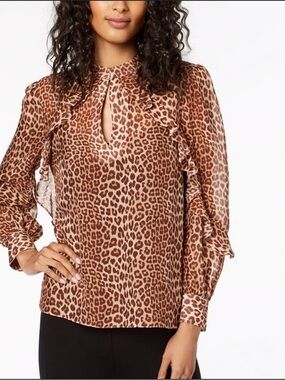 Rachel Zoe Jayne Leopard Ruffle Keyhole Blouse - Brown
